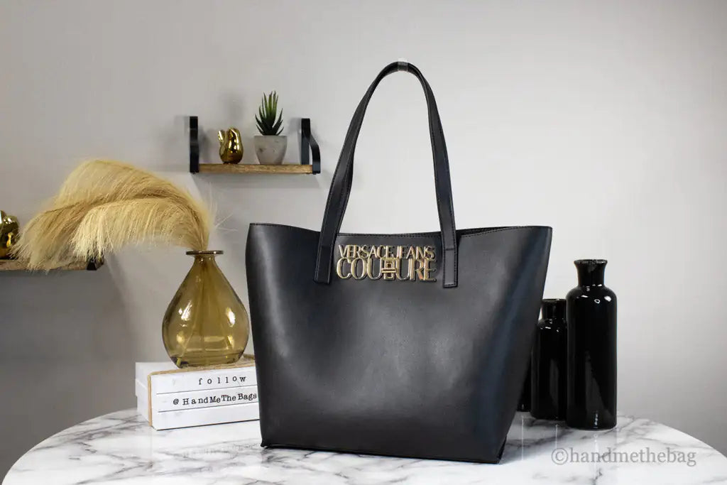 Versace Jeans Couture Black Grained Faux Leather Logo Lock Tote Shoulder Handbag - Velora Luxury Fashion