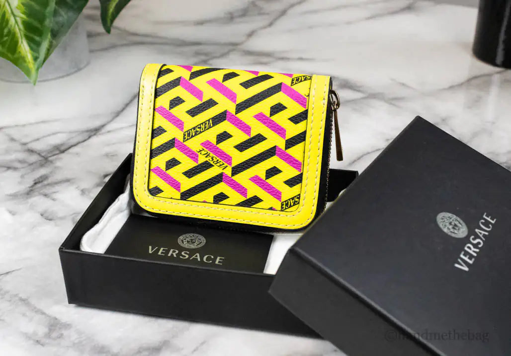 Versace La Greca Yellow Zip Coin Pouch Wallet - Velora Luxury Fashion