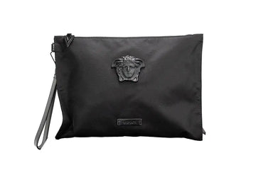 Versace Large Black Nylon Medusa Convertible Pouch Clutch - Velora Luxury Fashion