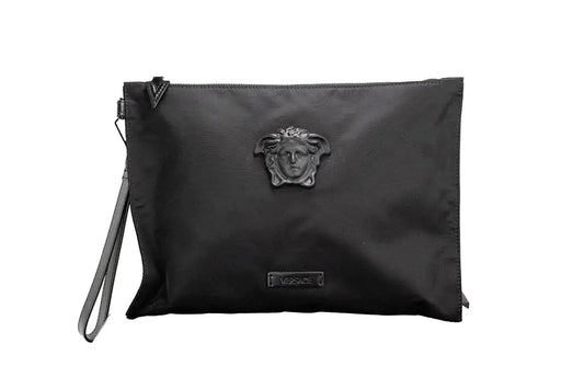 Versace Large Black Nylon Medusa Convertible Pouch Clutch - Velora Luxury Fashion