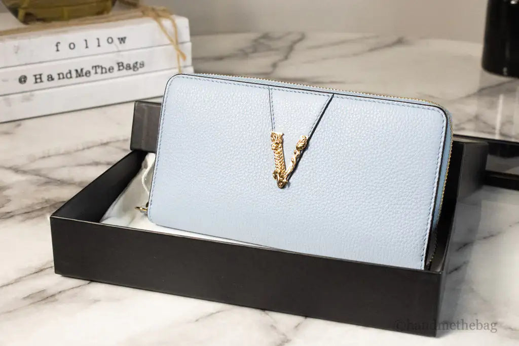 Versace Large Cornflower Leather Gold Monogram Zip Around Wallet - Velora Luxury Fashion