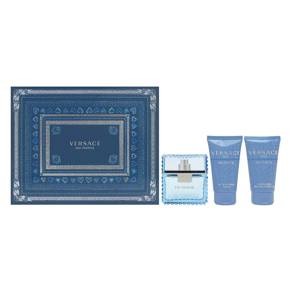 Versace Man Eau Fraiche by Versace for Men 3 Piece Set Includes: 1.7 oz Eau de Toilette Spray + 1.7 oz Perfumed Bath & Shower Gel + 1.7 oz After Shave Balm - Velora Luxury Fashion
