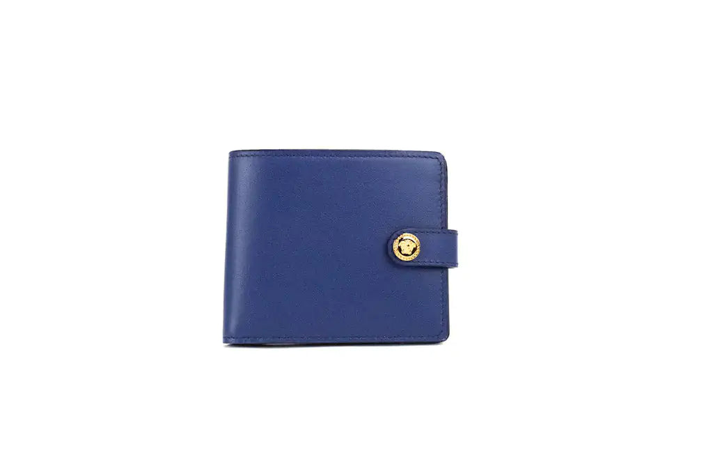 Versace Navy Blue Compact Leather Medusa Snap Bifold Wallet - Velora Luxury Fashion