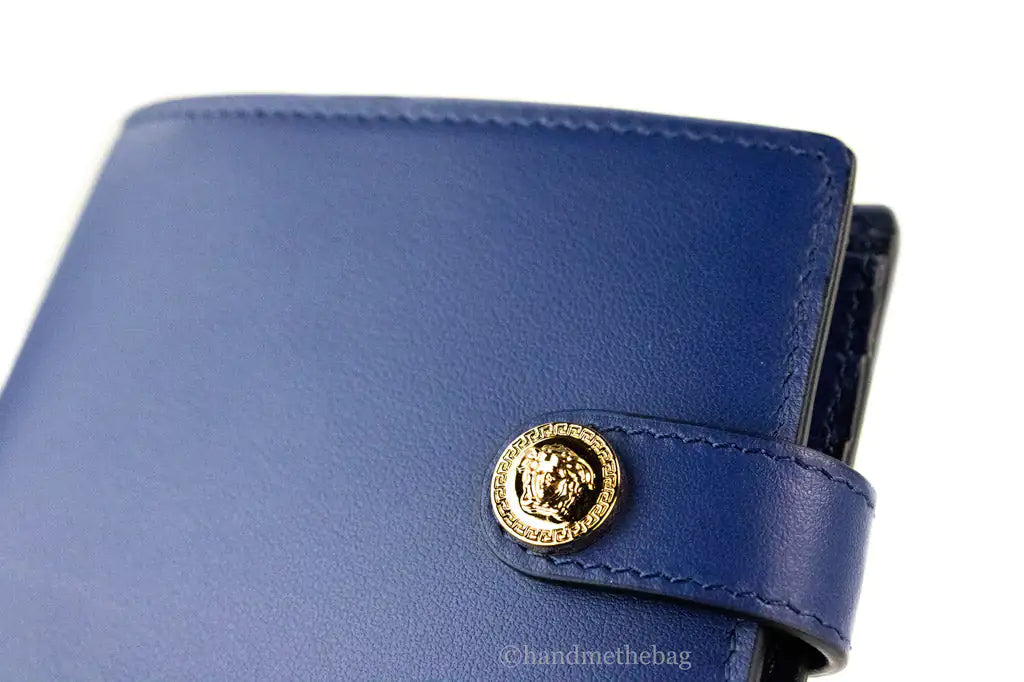 Versace Navy Blue Compact Leather Medusa Snap Bifold Wallet - Velora Luxury Fashion