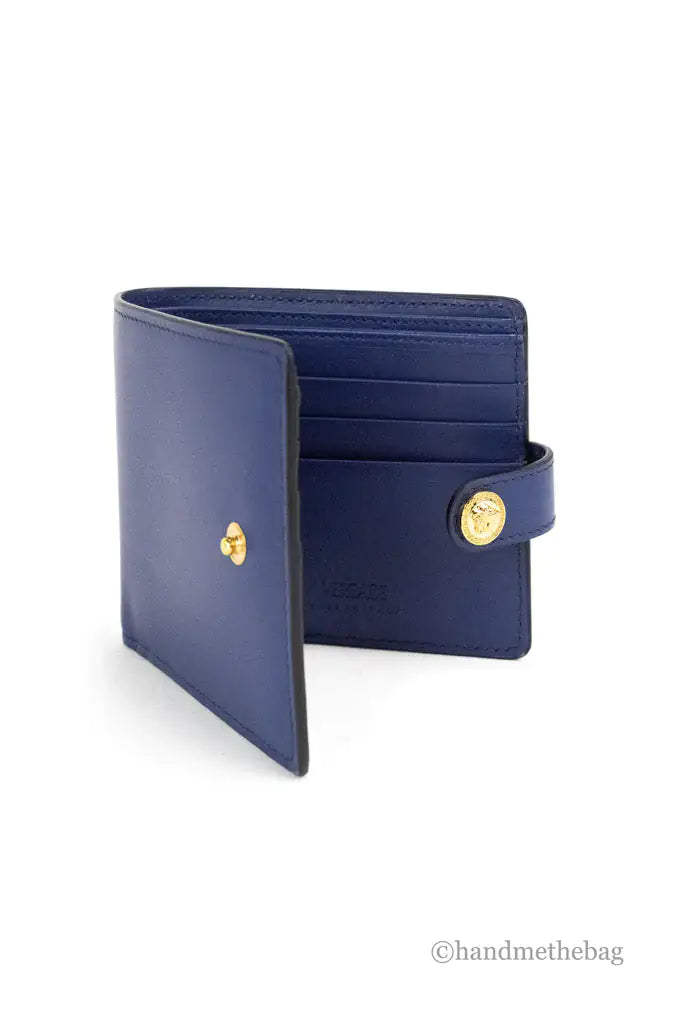 Versace Navy Blue Compact Leather Medusa Snap Bifold Wallet - Velora Luxury Fashion
