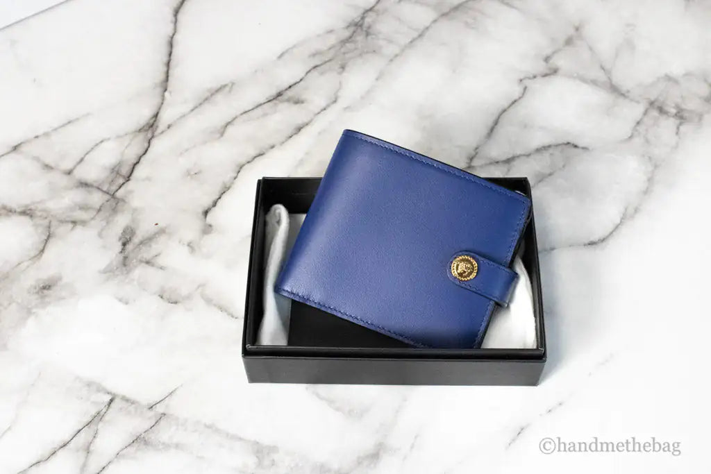 Versace Navy Blue Compact Leather Medusa Snap Bifold Wallet - Velora Luxury Fashion