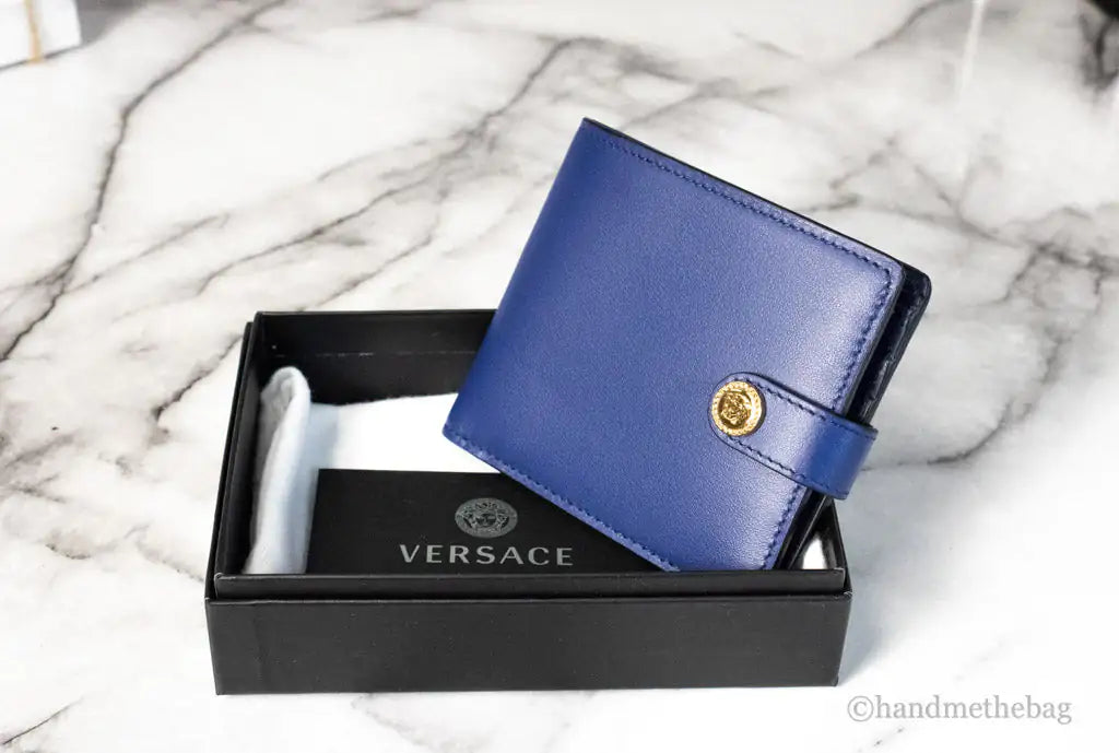 Versace Navy Blue Compact Leather Medusa Snap Bifold Wallet - Velora Luxury Fashion
