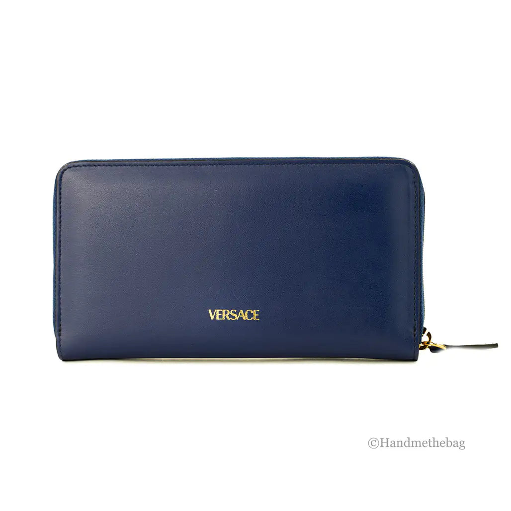 Versace Navy Leather Medusa Continental Clutch Wallet - Velora Luxury Fashion