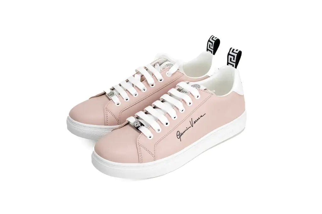 Versace Powder Blush Vitello Leather Signature Lace Sneakers - Velora Luxury Fashion