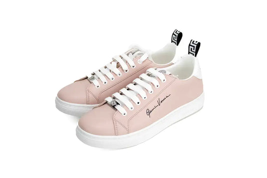 Versace Powder Blush Vitello Leather Signature Lace Sneakers - Velora Luxury Fashion