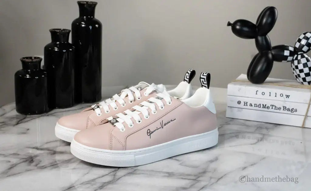 Versace Powder Blush Vitello Leather Signature Lace Sneakers - Velora Luxury Fashion