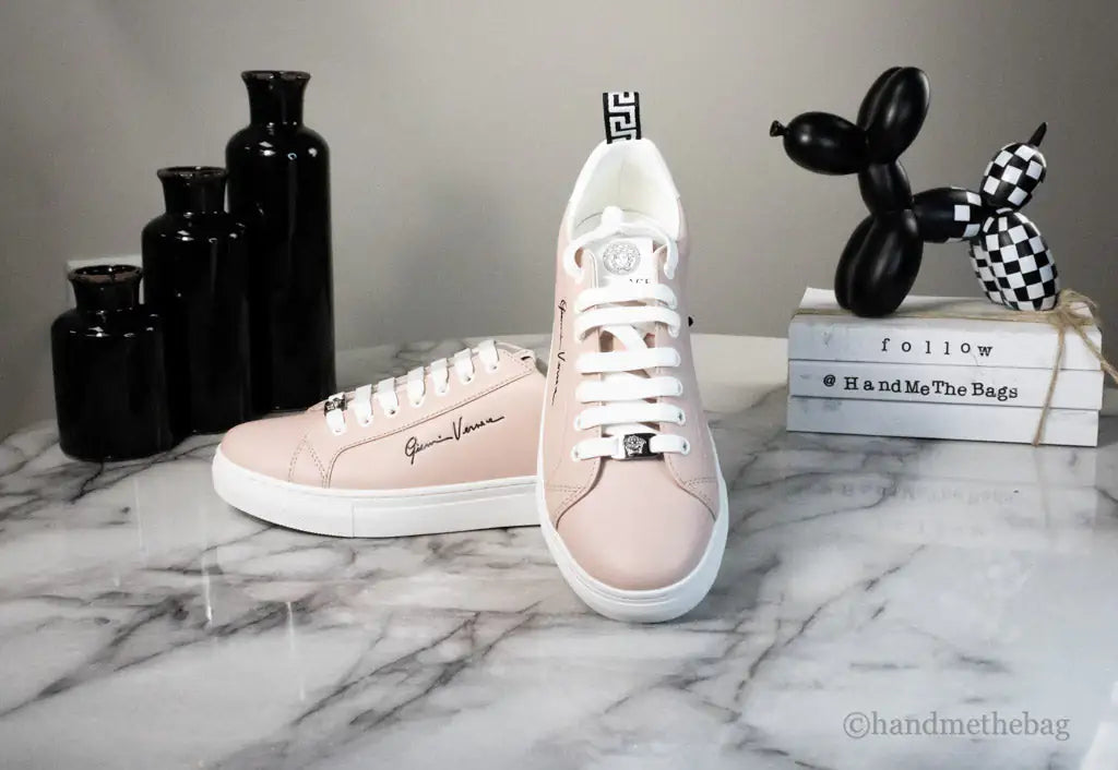 Versace Powder Blush Vitello Leather Signature Lace Sneakers - Velora Luxury Fashion