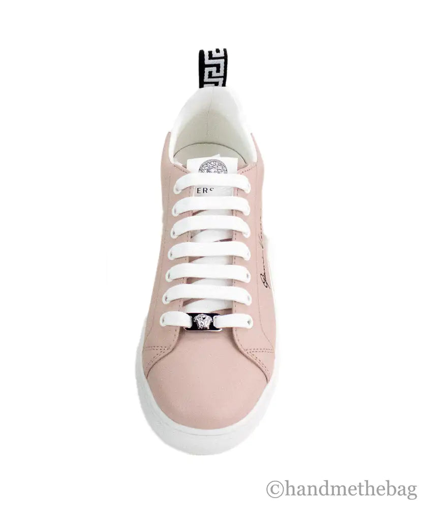 Versace Powder Blush Vitello Leather Signature Lace Sneakers - Velora Luxury Fashion