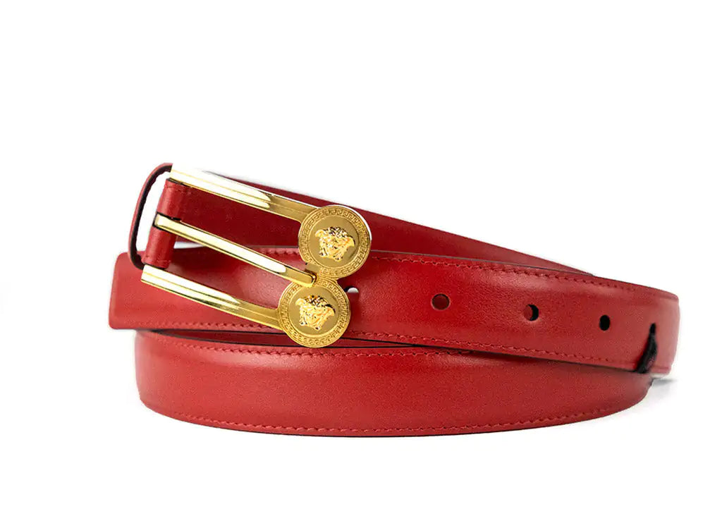 Versace Slim Red Leather Double Medusa Pendant Adjustable Belt - Velora Luxury Fashion