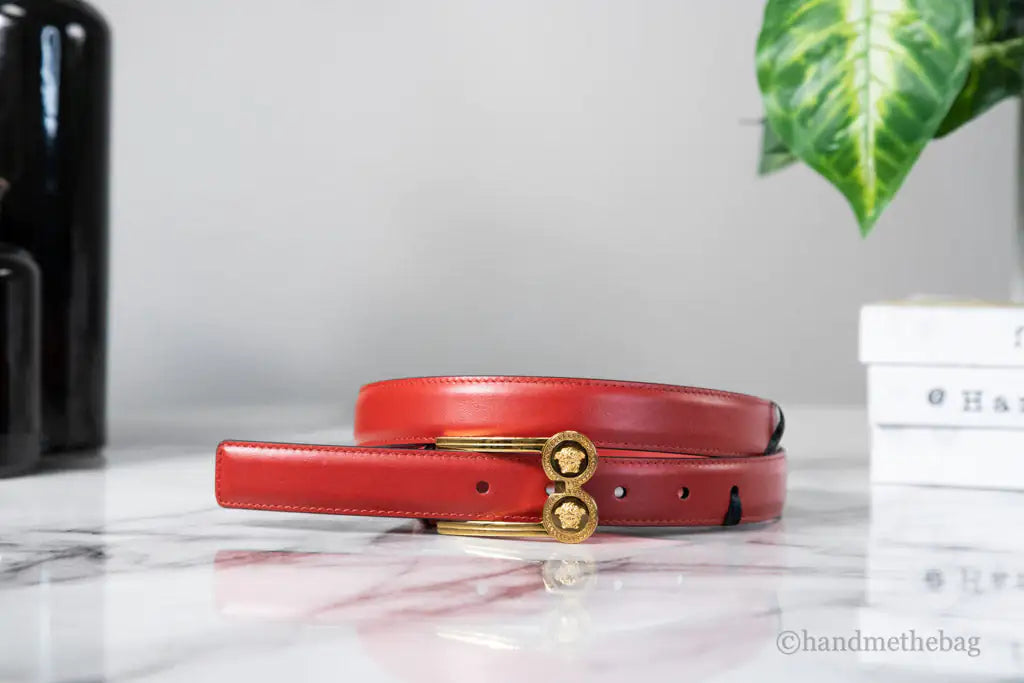 Versace Slim Red Leather Double Medusa Pendant Adjustable Belt - Velora Luxury Fashion