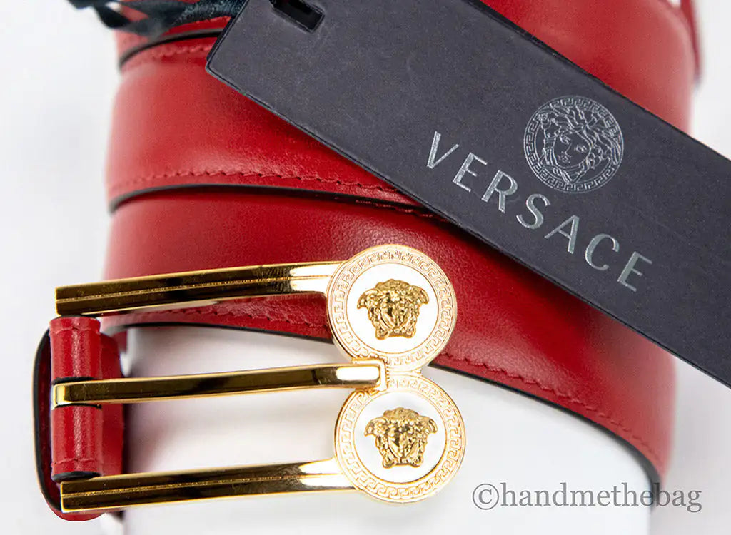 Versace Slim Red Leather Double Medusa Pendant Adjustable Belt - Velora Luxury Fashion