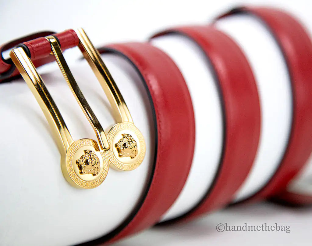 Versace Slim Red Leather Double Medusa Pendant Adjustable Belt - Velora Luxury Fashion