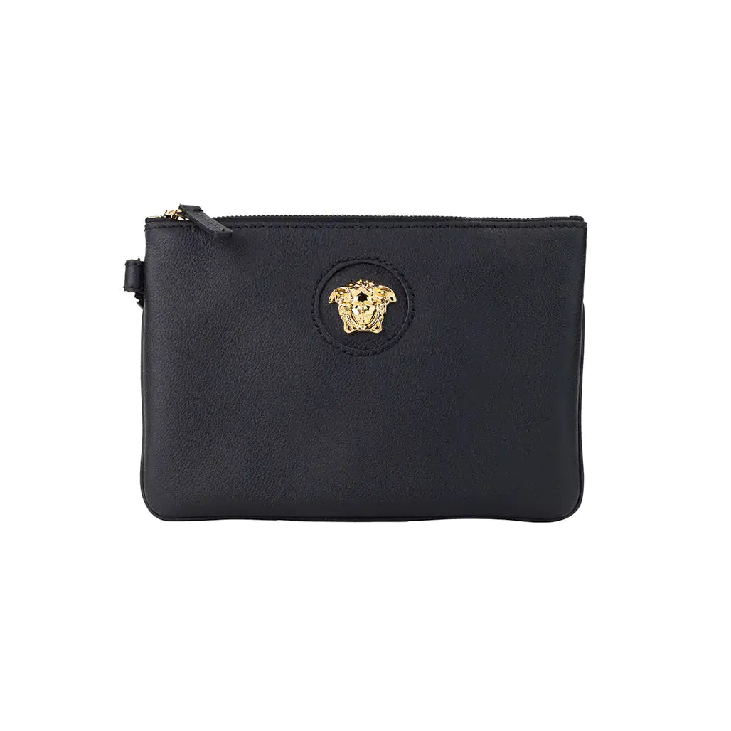 Versace Small Black Leather Wristlet Clutch Pouch - Velora Luxury Fashion