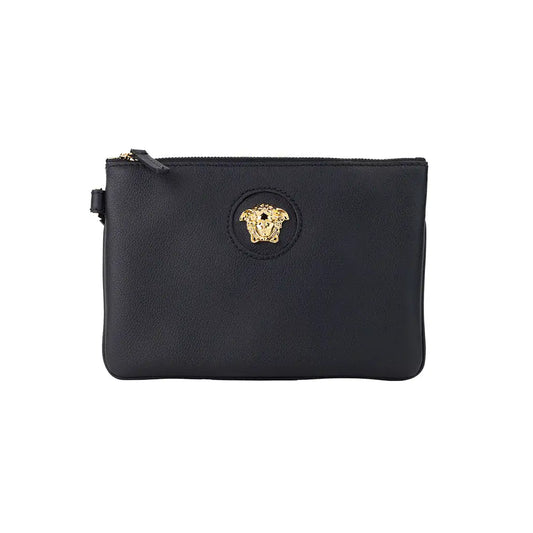 Versace Small Black Leather Wristlet Clutch Pouch - Velora Luxury Fashion
