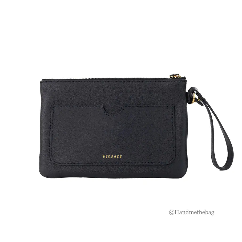 Versace Small Black Leather Wristlet Clutch Pouch - Velora Luxury Fashion