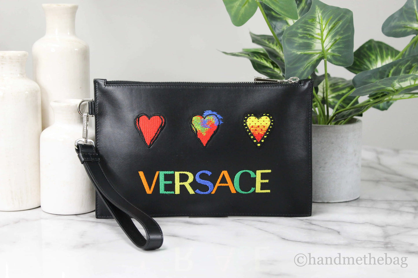 Versace Small Leather Embroidered Heart Patch Clutch - Velora Luxury Fashion