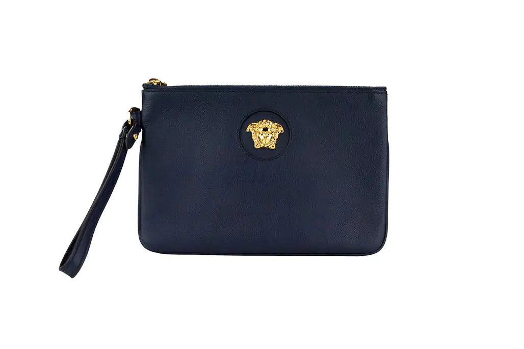 Versace Small Navy Pebbled Leather Wristlet Clutch Pouch - Velora Luxury Fashion