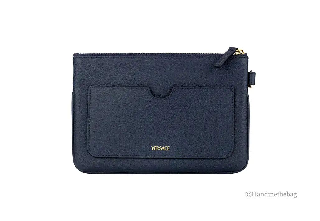 Versace Small Navy Pebbled Leather Wristlet Clutch Pouch - Velora Luxury Fashion