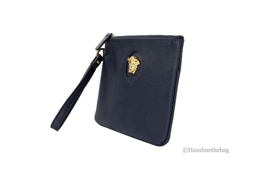 Versace Small Navy Pebbled Leather Wristlet Clutch Pouch - Velora Luxury Fashion