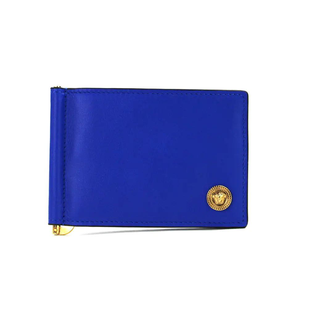 Versace Smooth Vitello Leather Blue Money Clip Wallet - Velora Luxury Fashion