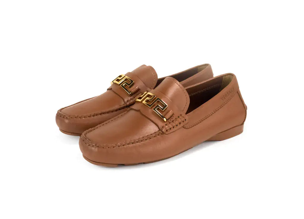 Versace Warm Brown Leather Gold Greek Key Driver Loafers - Velora Luxury Fashion
