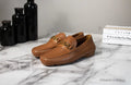 Versace Warm Brown Leather Gold Greek Key Driver Loafers - Velora Luxury Fashion