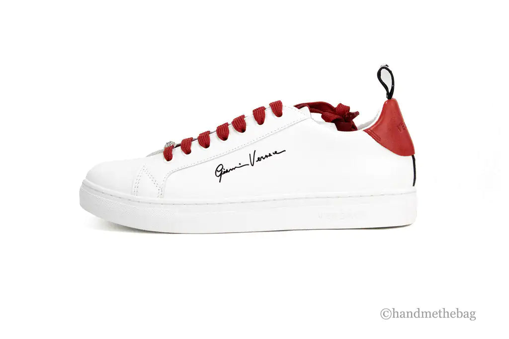 Versace White Red Vitello Leather Gianni Versace Signature Sneakers - Velora Luxury Fashion