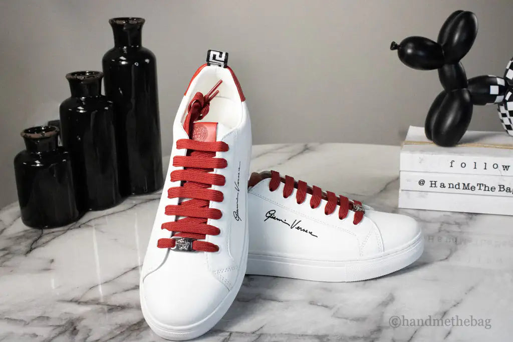 Versace White Red Vitello Leather Gianni Versace Signature Sneakers - Velora Luxury Fashion