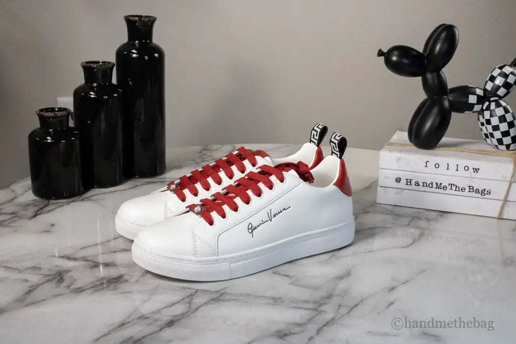 Versace White Red Vitello Leather Gianni Versace Signature Sneakers - Velora Luxury Fashion