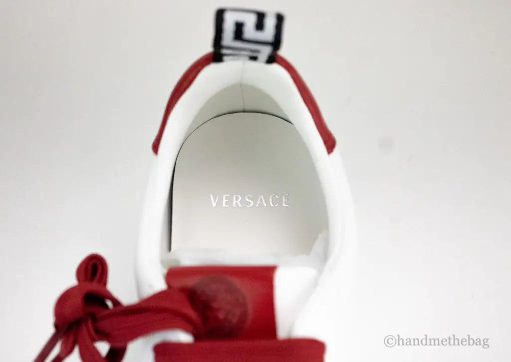 Versace White Red Vitello Leather Gianni Versace Signature Sneakers - Velora Luxury Fashion