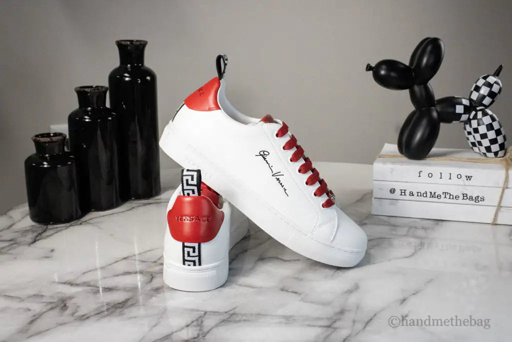 Versace White Red Vitello Leather Gianni Versace Signature Sneakers - Velora Luxury Fashion