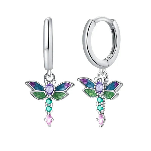 Vibrant Dragonfly Sterling Silver Hoop Earrings - Velora Luxury Fashion