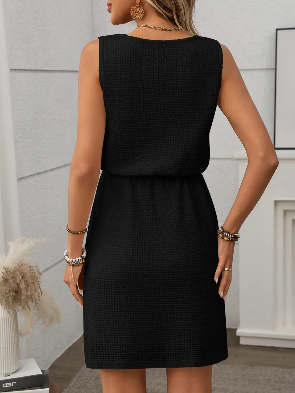 Waffle-Knit Drawstring Mini Tank Dress - Velora Luxury Fashion