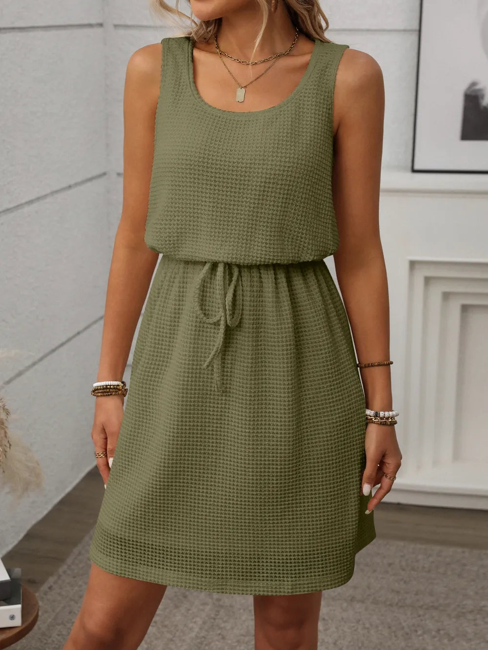 Waffle-Knit Drawstring Mini Tank Dress - Velora Luxury Fashion