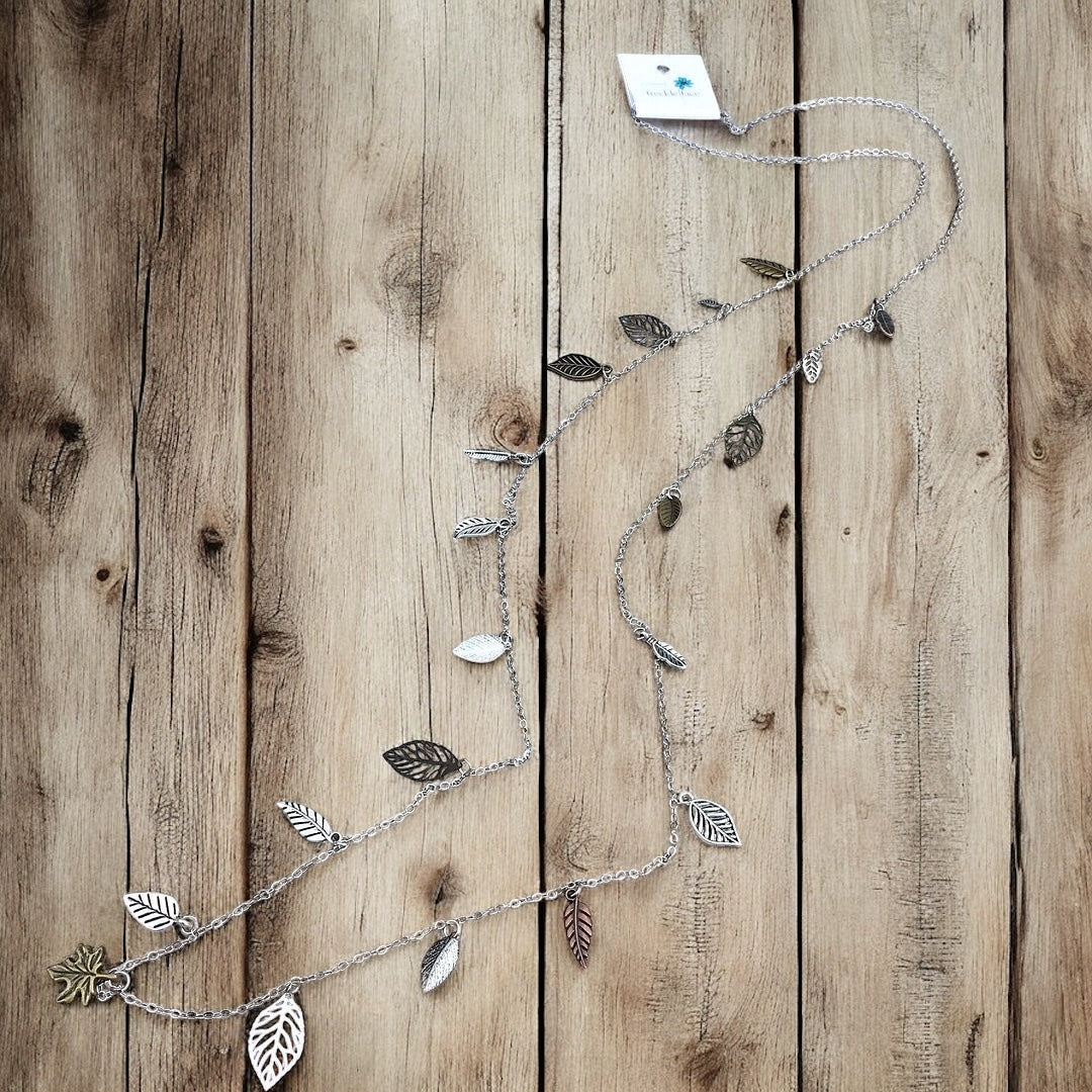 Waterfall Leaf Necklace – Long Layering Chain with Cascading Silver & Mixed Metal Leaves - Velora Luxury Fashion