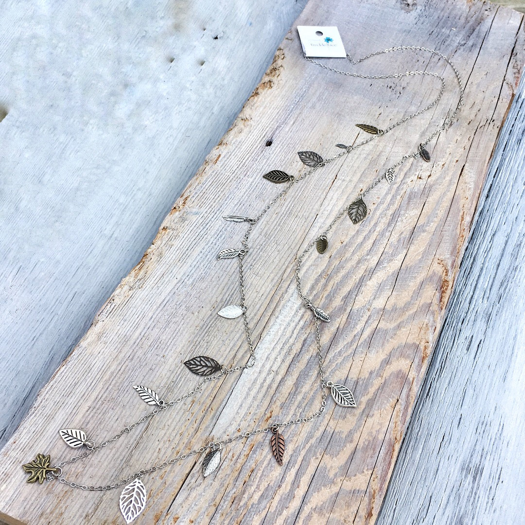 Waterfall Leaf Necklace – Long Layering Chain with Cascading Silver & Mixed Metal Leaves - Velora Luxury Fashion