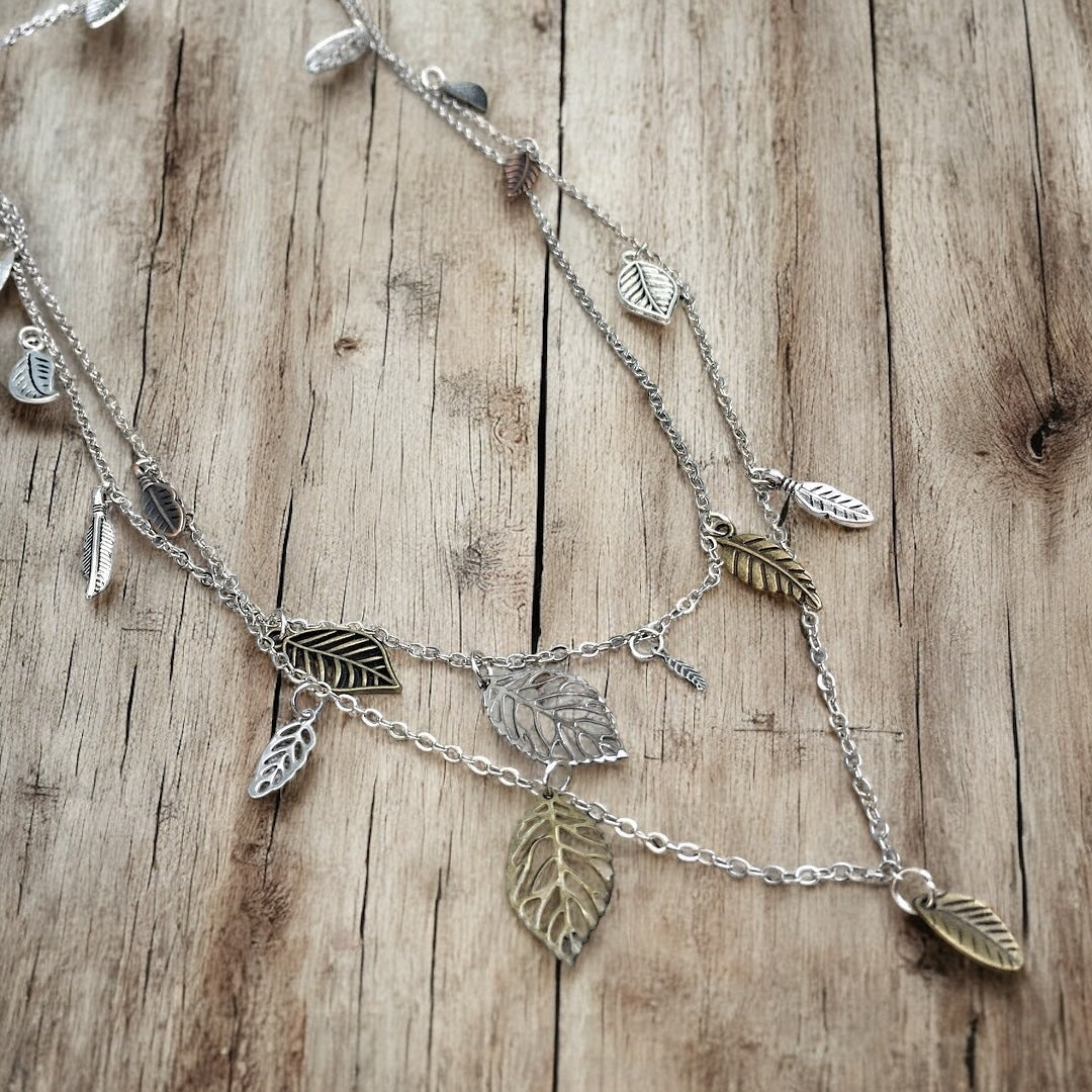 Waterfall Leaf Necklace – Long Layering Chain with Cascading Silver & Mixed Metal Leaves - Velora Luxury Fashion