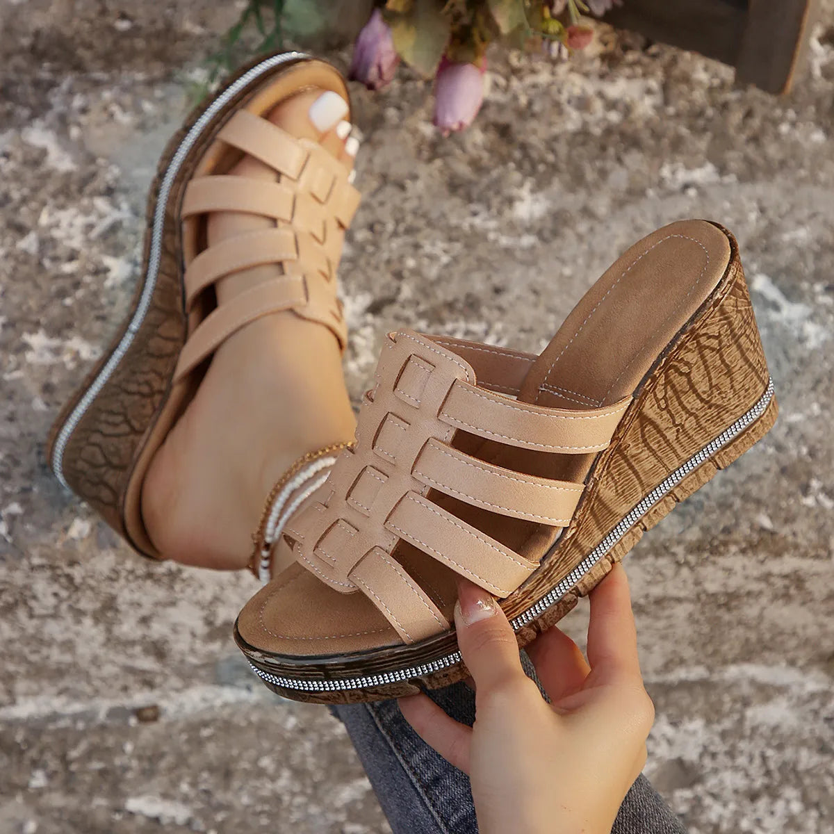 Wedge Platform Sandals with Multiple Strap Design - Velora Luxury Fashion