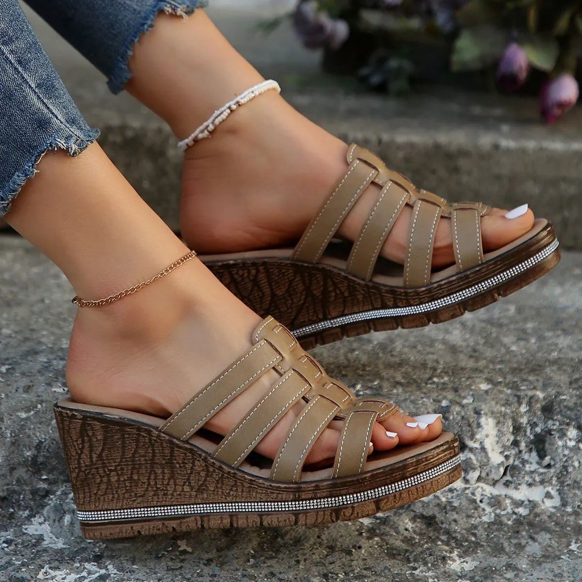 Wedge Platform Sandals with Multiple Strap Design - Velora Luxury Fashion