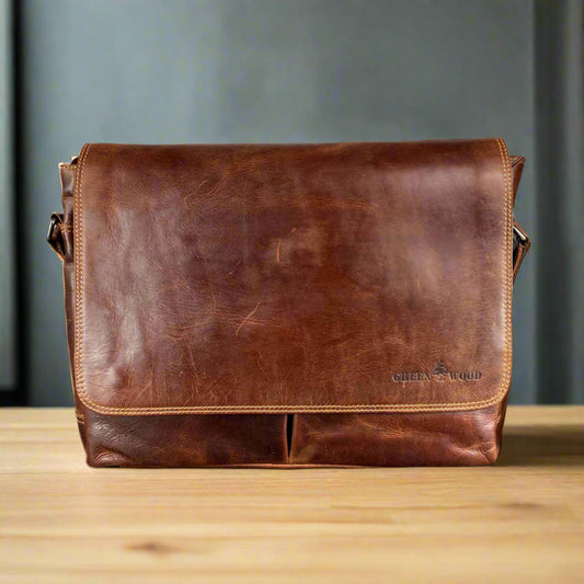 Greenwood Leather Laptop Bag. Premium Waxed Full-Grain Leather Briefcase for 16" Laptops Boutique of Leathers/Open Road