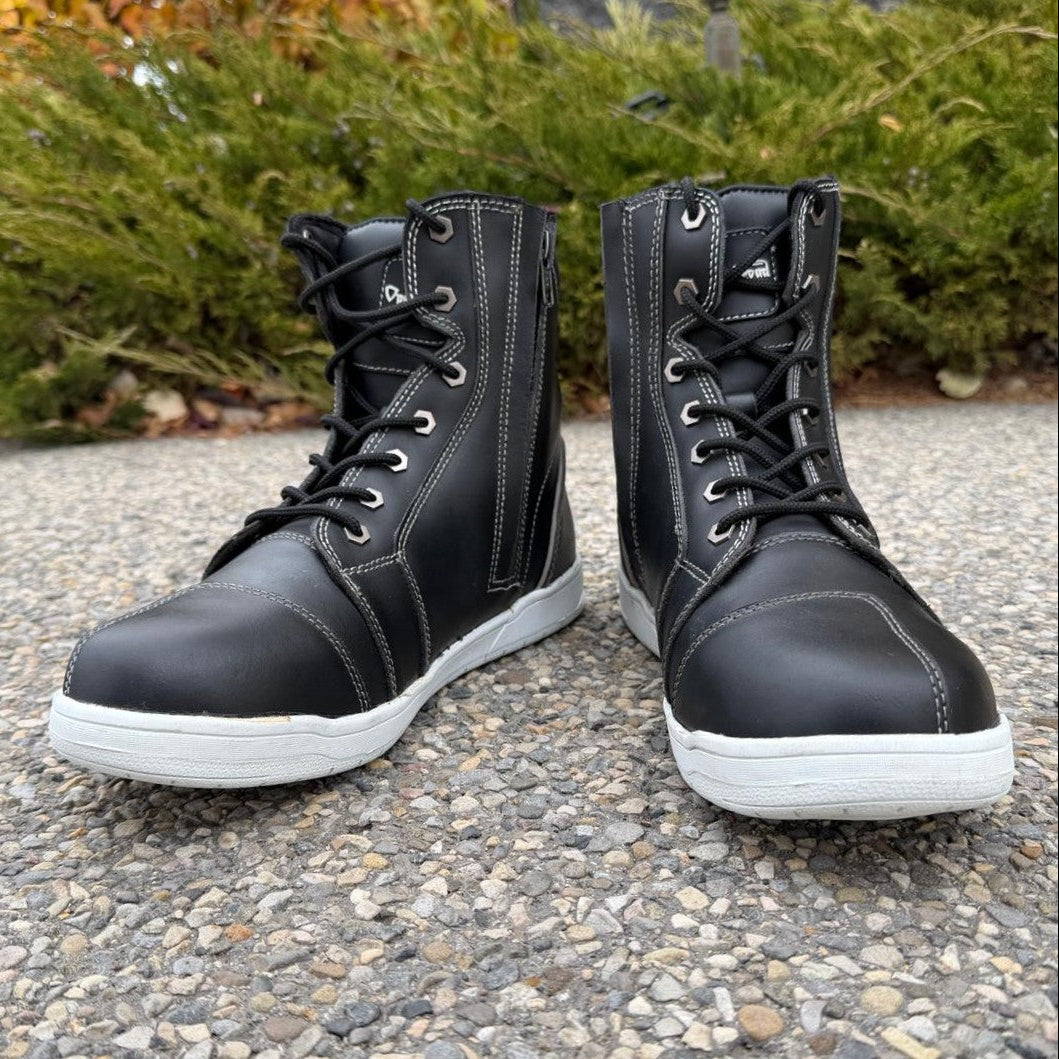 Men's Sneaker Biker Boots. Black Cowhide Leather with White Sole, Lace-Up & Side Zip - Velora Luxury Fashion