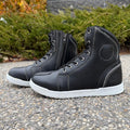 Men's Sneaker Biker Boots. Black Cowhide Leather with White Sole, Lace-Up & Side Zip - Velora Luxury Fashion