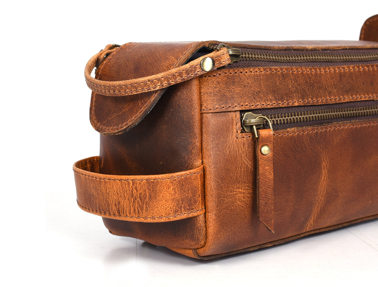 Winston Leather Toiletry Bag -  Caramel Brown - Velora Luxury Fashion