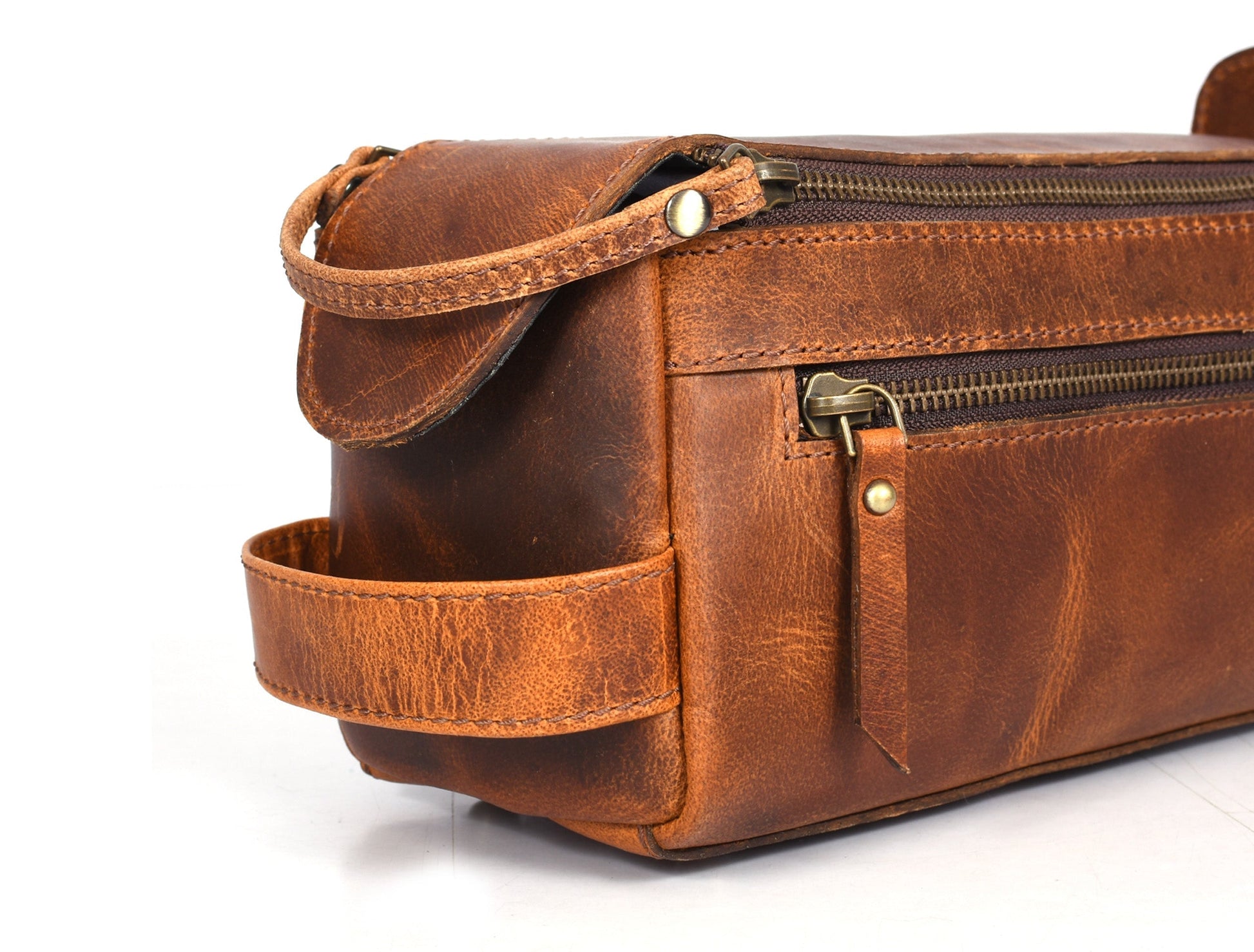 Winston Leather Toiletry Bag -  Caramel Brown - Velora Luxury Fashion