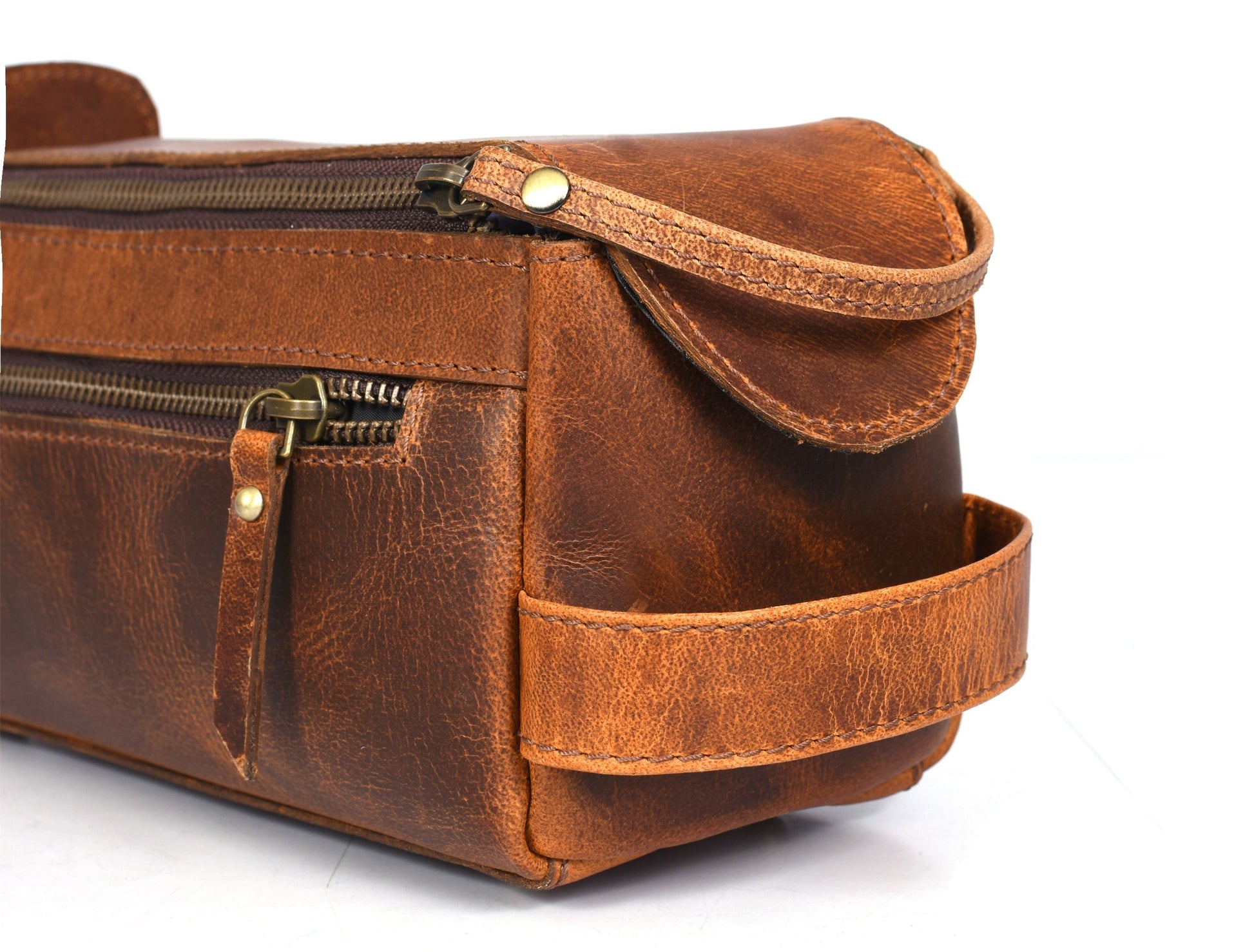 Winston Leather Toiletry Bag -  Caramel Brown - Velora Luxury Fashion